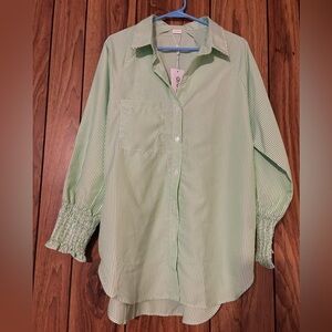 Light Green Striped Button-Down Blouse- has hand pockets !!!